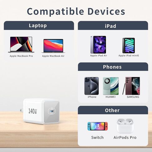 Mac Book Pro Charger - 140W Compact USB C Charger Fast Charger متوافق مع USB C Port Macbook Pro/Air و iPad Pro و Samsung Galaxy Note وجميع جهاز USB C ، قم بتضمين كبل شحن 7 أقدام in Kuwait