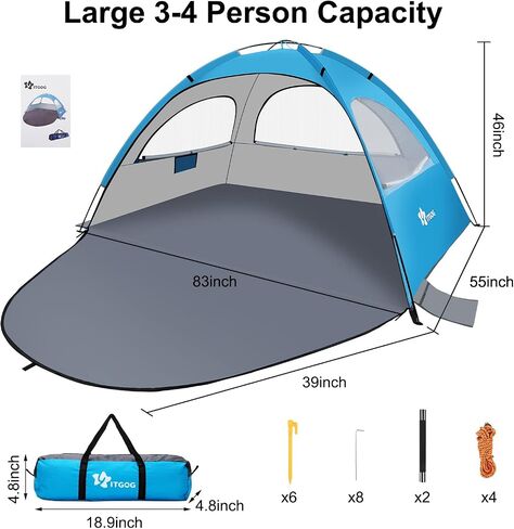 Beach Tent Sun Shelter for 3-4Person, Lightweight Beach Tent with UV Protection, 3 Mesh Roll Up Windows & 8.0mm Fiberglass, Easy Assemble in Saudi Arabia