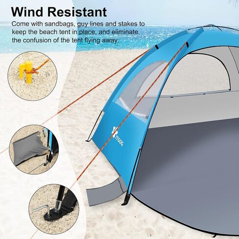 Beach Tent Sun Shelter for 3-4Person, Lightweight Beach Tent with UV Protection, 3 Mesh Roll Up Windows & 8.0mm Fiberglass, Easy Assemble in Saudi Arabia