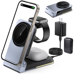 Foldable 3 in 1 Wireless Charging Station for Apple Magsafe Mutiple Devices-15W Fast Magnetic Wireless Charger Stand Dock for iPhone,Airpod,Apple Watch,Aluminum Portable Travel Charger with Nightlight