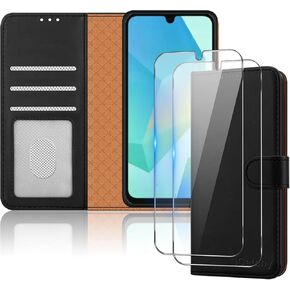 for Samsung Galaxy A16 Case with 2 HD Screen Protector Tempered Glass Leather Wallet Book Stand View Magnetic Protect RFID Blocking Shockproof Phone Cover for Samsung A16 (Black)