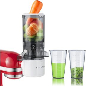 Masticating Juicer Attachment for KitchenAid Stand Mixer, 4.2" Large Feed Chute Fit Whole Vegetables & Fruits, Slow Cold Press Juicing, Includes 2 28oz capacity cups and blade replacement