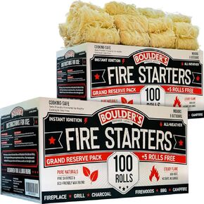 Fire Starter Rolls 100 pcs - Value Pack - Waterproof, Odorless - for BBQ, Charcoal Grills, Camping, Fire Pit, Indoor Fireplace, Wood Stove - Natural, Quick Ignition, Long Burn Charcoal Starter