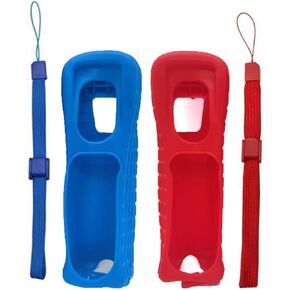 2 x Silicone Skin Case Cover with Hand Wrist Strap for Wii Remote Controller (Red + Blue)