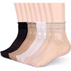 Mcool Mary 12 Pairs Women's Sheer Ruffled Socks Frilly Ankle High Nude Nylon Stocking Ultra Thin Cool Silk Socks for Women