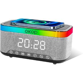 Fabric Alarm Clock Radio with Wireless Charging, Radio Alarm Clocks, Bluetooth Speaker, FM Radio, Wireless Charging, USB Charging Port, Multi-Color Nightlight, White Noise, Digital Alarm Clock
