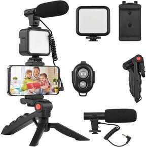 Vlogging Kit for iPhone, Android (with Tripod), with Mini LED Video Light + Cardioid Microphone + Phone Clip + Tripod for Video Calling, Vlogging, YouTube, Instagram, TikTok