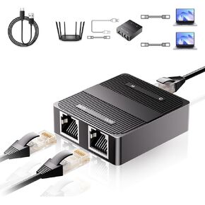 1 to 2 Gigabit Ethernet Splitter, 3-Port 1000Mbps Network Switch with Type-C Power, Dual LAN RJ45,Support IGMP,Mini Size Plug and Play for Cat6/7/8