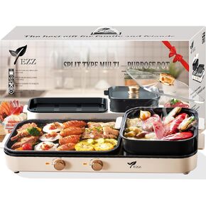 Electric Hot Pot with Grill,Indoor Hot Pot 2 in 1 Multi-function Smokeless Shabu-Shabu Hotpot Korean BBQ Grill for Simmer,Separate Dual Temperature Contral for 2-10 People (HOT POT-D)