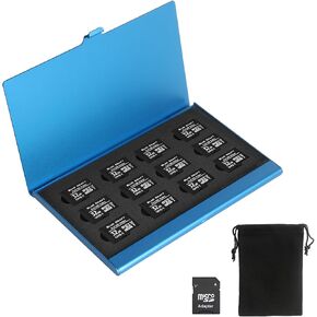 12-Card Micro SD Card Carrying Case, Dust and Shock Resistant Micro SD Card Case, Compact MicroSDHC/MicroSDXC/Micro SD Card Storage Case, Card Type Micro SD Card Organizer (Blue)