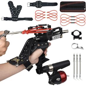 Rugged Professional Hunting Golden Slingshot with Fish Shooting Package As Adult Catapult Wrist Rocket Slingshot Comes with Reel Fish Shooting Dart Left Hand Gauntlet
