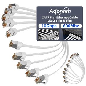 Adoreen Cat 7 Flat Ethernet Cable 1 Ft/10 Pack, High-Speed Shielded Internet Network Cable with Low Profile&Compact RJ45 Connector, Thin Slim Short Cat 6E 6A Patch Cord,S/FTP,POE,10Gbps 600MHZ, Black