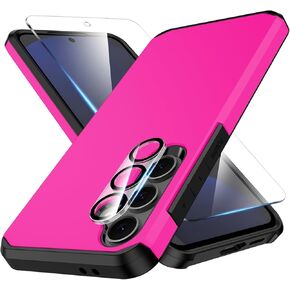 3 in 1 for Galaxy S24 FE Phone Case with Tempered Glass Screen Protector + Camera Lens Protector,Samsung S24 FE Phone Case,Silicone Durable Armor for Samsung Galaxy S24 FE Case Hot Pink