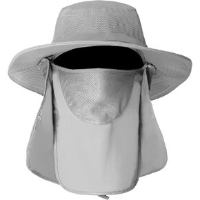 Fishing Hats for Men, 3 in 1 Sun Hat with Removable Neck Flap and Face Cover, UV Sun Protection Wide Brim Fishing Hat, M, 58CM Light Gray