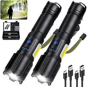 Rechargeable Flashlights High Lumens 2 Pack, 900,000 Lumen Super Bright Flashlight Led Flash Light, 7 Modes with COB Work Light, IPX6 Waterproof for Outdoor Camping Hiking
