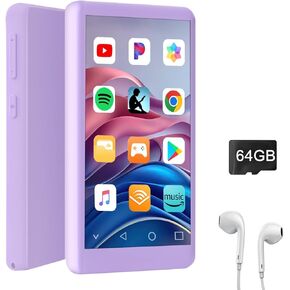 96GB MP3 Player with Bluetooth and WiFi,4" Touch Screen Mp4 Player with Spotify, APP Store, Audible, Music, Video, FM, E-Book, Games, Includes Earphones, 64G TF Card, Purple