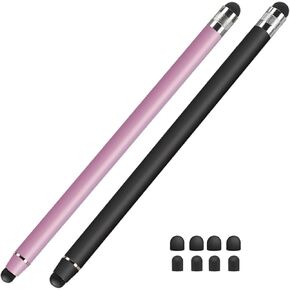 2 Pack 2-in-1 Stylus Pen for Android, High Sensitivity Capacitive Stylus for Smartphone and Tablets with 8 Rubber Tips (Black+Silver)