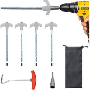 4 Pack Tent Stakes-8" Drill in Heavy Duty Ground Pegs, Screw in Camping Stake with Hex Head Driver, Spikes Puller, Protector in a Carrying Bag, for Hiking, Hammocks, Glow in Dark
