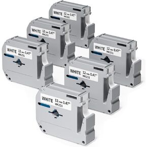 M-K231 Replace for Brother PT-M95 PT-65 PT-90 PT-70 PT-80 Label Maker Tape Refills M-K231s 12mm 0.47 White Tape P Touch M Tape MK231 M231, Ptouch Black on White Label Maker Tape 1/2 Inch, 6-Pack