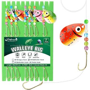 Dovesun Walleye Rigs 16lb Walleye Spinner Rig Crawler Harness with Unique Smile Blades Worm Harnesses for Walleye Fishing 2 Hooks 7PCS