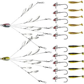 Alabama Rigs for Bass Fishing, 5 Arms Umbrella Rigs for Stripers with Swivels Spoons, Fishing Bass Bait Lure with 10 Pcs Fishing Worms, Alabama Rig for Bait Rigs with Crappie Ned Jigs