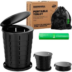 Rhino USA XL Portable Toilet for Camping (400lbs Capacity) Retractable Portable Toilet for Adults & Kids with Adjustable Height (4-16 Inches) Collapsible Portable Potty Camping Toilet for Camp/Car