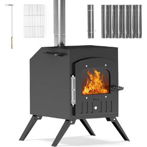HOPUBUY Wood Stove Hot Tent Stove, Portable Camping Wood Burning Stove for Outdoor Cooking, Small Wood Stove with 7 Stainless Chimney Pipes,Larger Heating Range