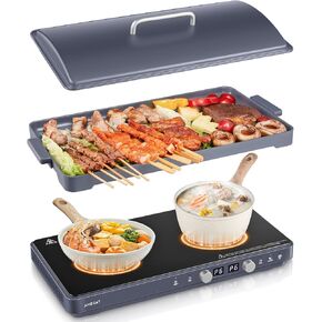 Double Induction Cooktops, Induction Cooktop 2 Burners with Removable Iron Cast Griddle Pan Non-stick, Sensor Touch 8 Power Levels, Independent Temperature Control