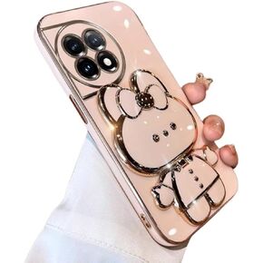 for Oneplus 12R Case Cute Hidden Rabbit Mirror Stand,Oneplus 12R Phone Case Kawaii Cartoon Plating Glitter Soft Silione Bumper Folding Bracket Girly Cover for One Plus 12 R for Girls Women Pink