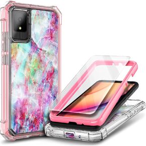for TCL K11 Case with Tempered Glass Screen Protector, Full-Body Protective Shockproof Rugged Bumper Cover Phone Case for TCL K11 T432W (Marble Design Pink Fantasy)