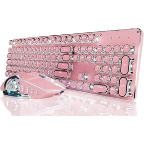 EWEADN TK950 Wireless Typewriter Keyboard and Mouse Combo, 104 Keys Retro Typewriter Mechanical Keyboard with White Backlit, Anti-Ghosting, Blue Switch, Bluetooth/2.4G/Wired Cute Gaming Keyboard-Pink