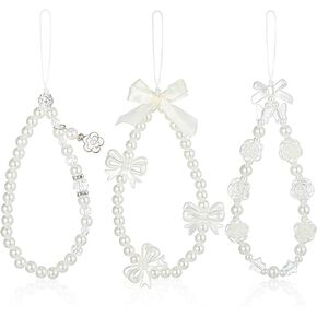 Sibba 3Pcs Butterfly Wrist Strap Bow Knot Beaded Phone Charm Flower Stationery Decoration Charm Heart Y2k Pearl Lanyard Wristlet Bracelet Phone Rope Keychain for Women Girl Bag (White)