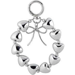 Silver Bow Heart Phone Wrist Strap Cute Keychain Accessories Heart Beaded Keychain Charms Short Phone Strap Keychains for Women Bowknot Hearts Phone Chain Pendant Bag Charms for Handbags Backpacks