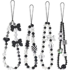 4Pcs Black Crystal Beaded Phone Charms, Cute Acrylic Cell Phone Wrist Strap Heart Bow Dice Phone Charm Strap for Women Phone Case Decoration Camera Key Purse
