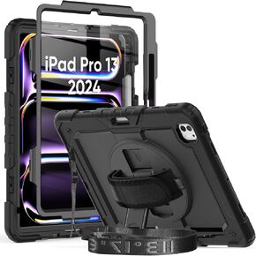 Herize Case for iPad Pro 13 Inch with Screen Protector Pen Holder | Case Compatible with iPad Pro 7th Generation Supports Apple Pencil Charge | Shockproof Silicone Protective Cover W/Shoulder Strap