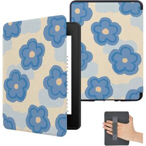 Cover for All New 6 Inch Kindle 2024 and 2022 (11th Generation) Cute Slim Lightweight Case with Hand Strap, PU Leather with Flower for Women, Auto Wake/Sleep, Teal Blue Bloom
