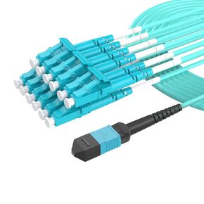 5 Meters OM4 12 Cores MPO-LC Connector Optical Fiber Patch Cord 50/125 Multimode Fan-Out Jumper Female to Female Type B 40G/100G 16.4ft Aqua