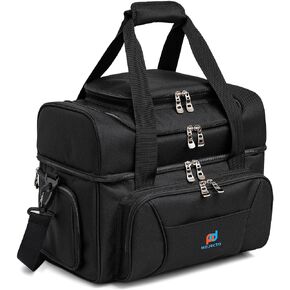 Large Insulated Cooler Lunch Bag (15x12x9 in). Heavy Duty 900D Oxford Fabric, Thick Insulation, Many Pockets, Large Zipper, Padded-Removable Straps. Black