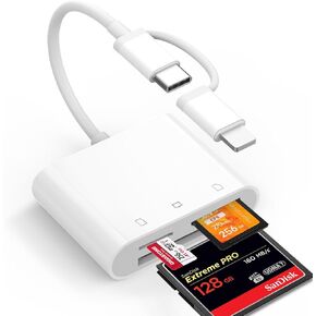 CF SD Card Reader for iPhone iPad Mac Dual Connector (Lightning & USB C), Digital Camera Memory Card Adapter to iPhone with Compact Flash/SD/MicroSD 3 Slot, Plug&Play for Android Phone Laptop