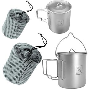 (2PC Set) Titanium 450mL and 750ml Ultralight Compact Titanium Open Flame Compact Cup and Kettle Mug Kit with Lids, Nylon Travel Cases | 250 Grams | Fit Together in Saudi Arabia