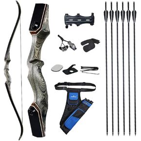 60'' Archery Recurve Bow Takedown Bow Hunting Bow and Arrow Set Adult Target Practice Competition Survival Longbow Right Hand 30-50lbs with 6pcs Fiberglass Arrows