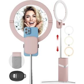 10" Foldable Ring Light with 76" Extendable Tripod Stand, 4000mAh LED Circle Light with Phone Holder for Video Recording, Photography, Live Stream, Makeup, TikTok, YouTube (Pink)