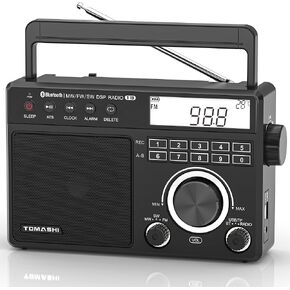 Portable Shortwave Radio, MW FM Bluetooth Radio with MP3/WMA Playback via USB/SD, ATS Tuning, Clock & Alarm, Radio Recording to USB/Micro SD, Battery Operated Radio with LCD Display