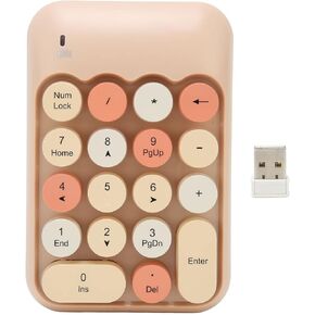 2.4GHz Numeric Keypad, 18 Keys Retro Color Round Keycaps Mini Number Keyboard with USB Receiver, Portable Silent One Hand Number Keyboard for Laptop (Milk Tea Color