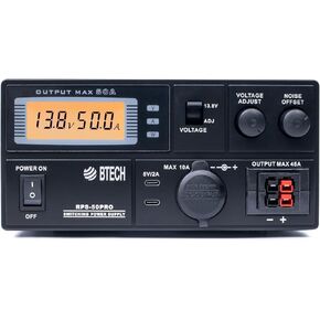 BTECH RPS-50PRO 50A (50 Amp) Regulated Power Supply, AC-to-DC Bench Convertor, Adjustable 9–15V (Fixed 13.8V Option), Anderson Powerpole Connectors, Noise Offset, USB-C, and Cigarette Plug Outputs