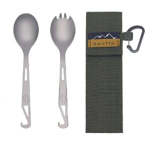 SANTTA Titanium Camping Utensil Set, Titanium(Ti) Spork, Spoon Fork & Bottle Opener Combo Camping Cutlery 2-PC Set