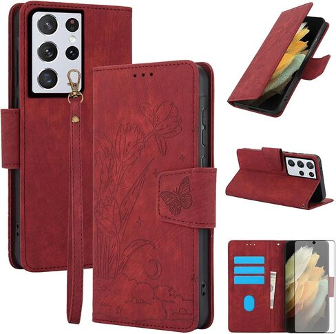 ASUWISH PHONE CASE لـ SAMSUNG GALAXY S21 ULTRA 5G WALLET WALLET مع حامي الشاشة الزجاجية المقسّر in Kuwait