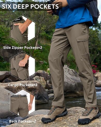 Men's Hiking Pants Outdoor Water Resistant Flex Ripstop Cargo Pants Quick Dry Lightweight Fit Pants 6 Pockets and Belt in Kuwait