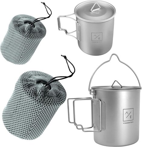 (مجموعة 2PC) Titanium 450ml و 750 مل من Titanium Compact Compact Cup Open Flame Cup و Kettle Mug Kit مع الأغطية ، وحالات السفر من النايلون | 250 غرام | تناسب معا in Saudi Arabia