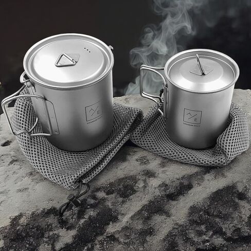 (مجموعة 2PC) Titanium 450ml و 750 مل من Titanium Compact Compact Cup Open Flame Cup و Kettle Mug Kit مع الأغطية ، وحالات السفر من النايلون | 250 غرام | تناسب معا in Saudi Arabia